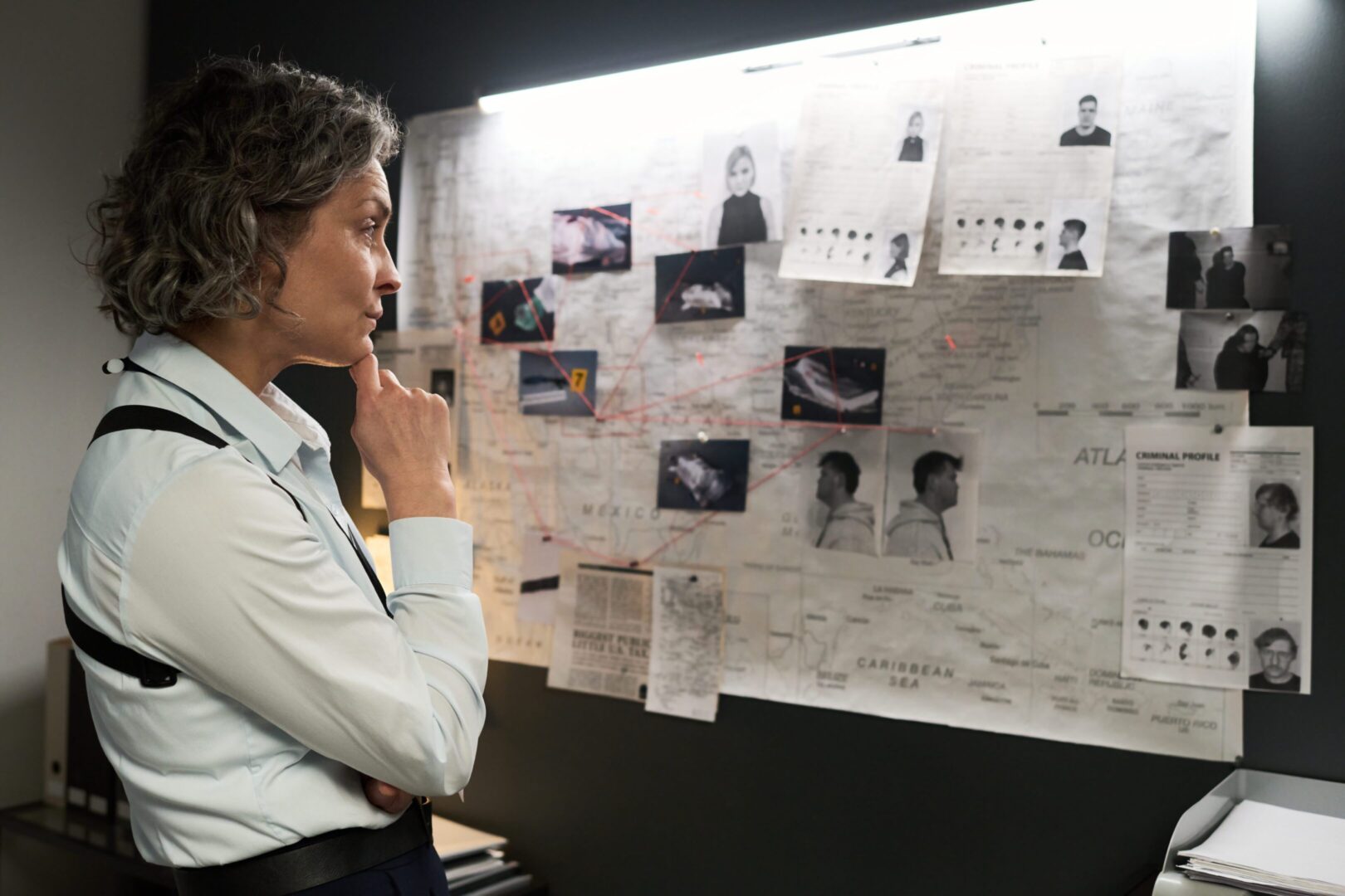 Missing person investigator analyzes case details on an evidence board.